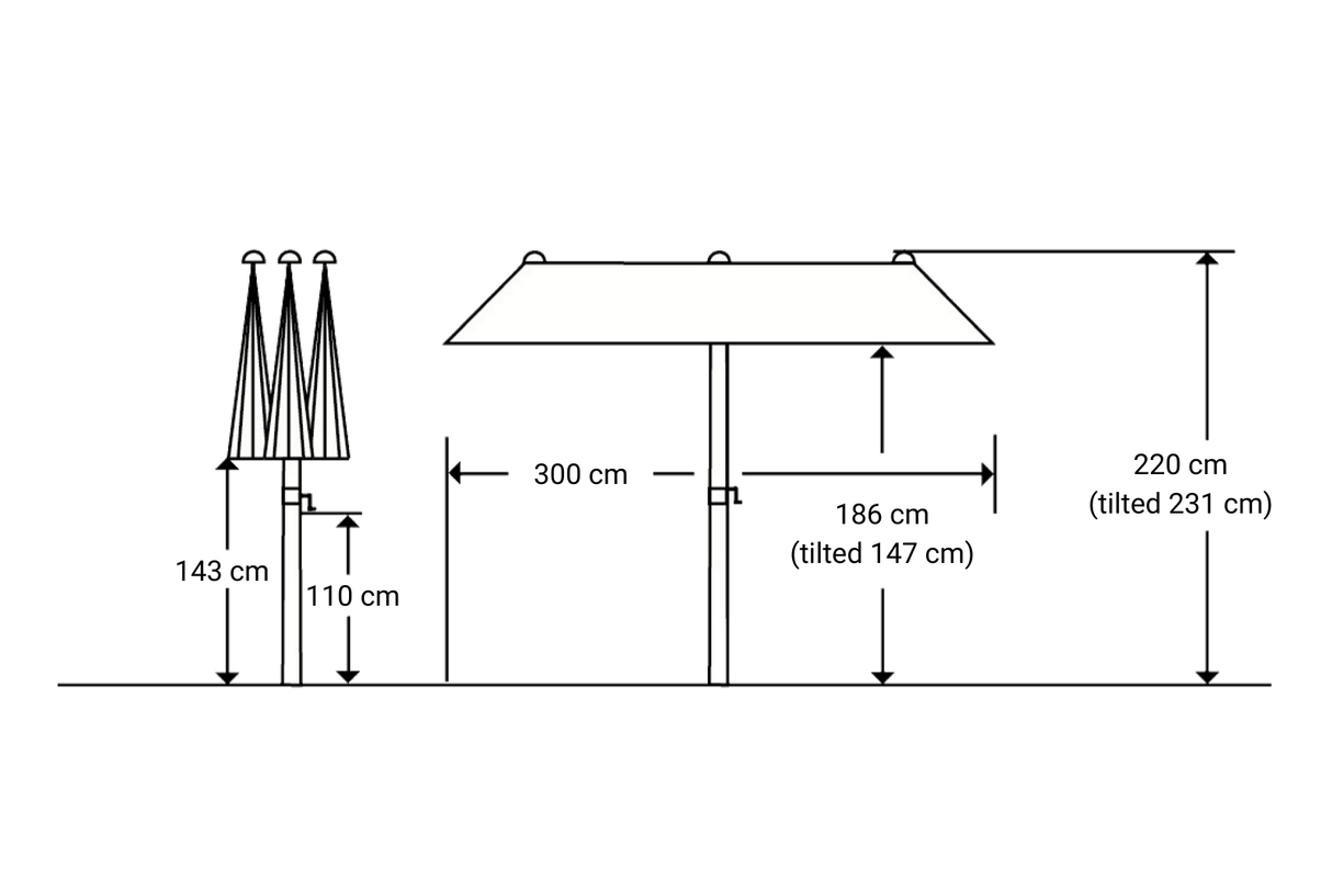 Salerno solid color parasol with hoist and tilt 300 x 150 cm